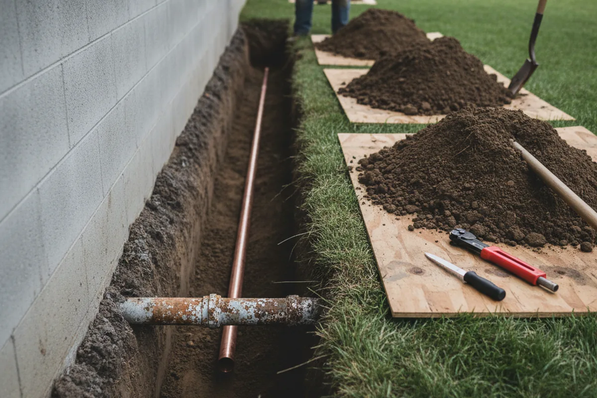 Excavated water line trench during Water Heater Repair in Beyer